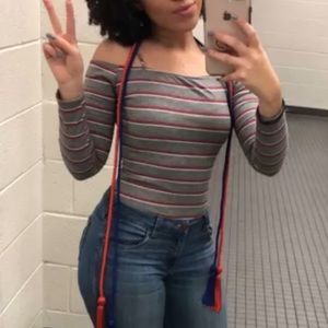 Striped Cold Shoulder Spaghetti Strap Long Sleeve Top